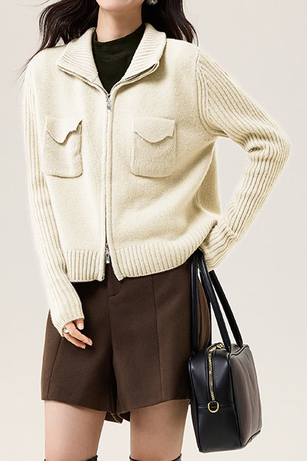 Veste Tricotée à Col Revers en Couleur Unie, Décontractée et Polyvalente