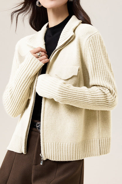 Veste Tricotée à Col Revers en Couleur Unie, Décontractée et Polyvalente