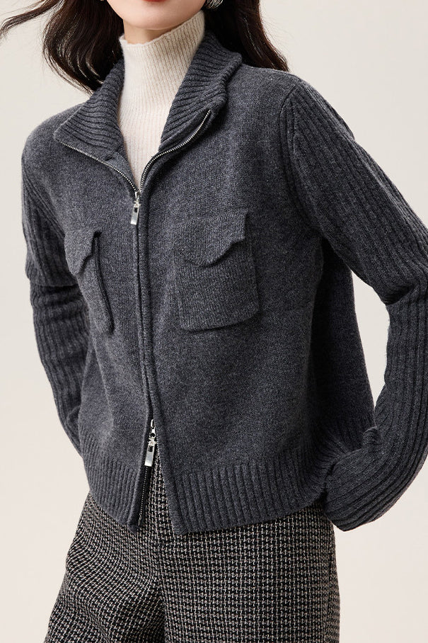 Veste Tricotée à Col Revers en Couleur Unie, Décontractée et Polyvalente