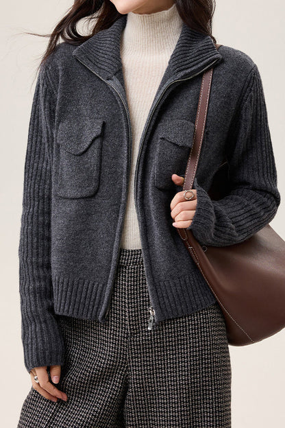 Veste Tricotée à Col Revers en Couleur Unie, Décontractée et Polyvalente