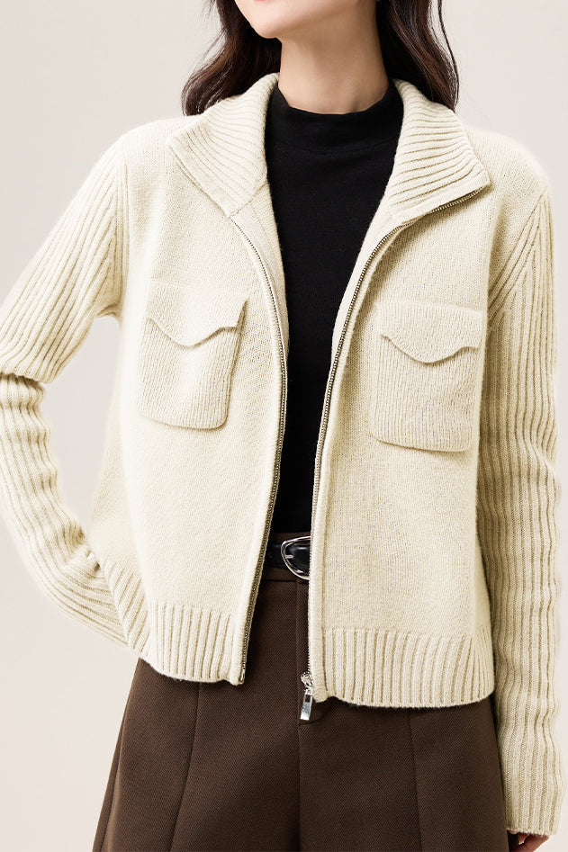 Veste Tricotée à Col Revers en Couleur Unie, Décontractée et Polyvalente