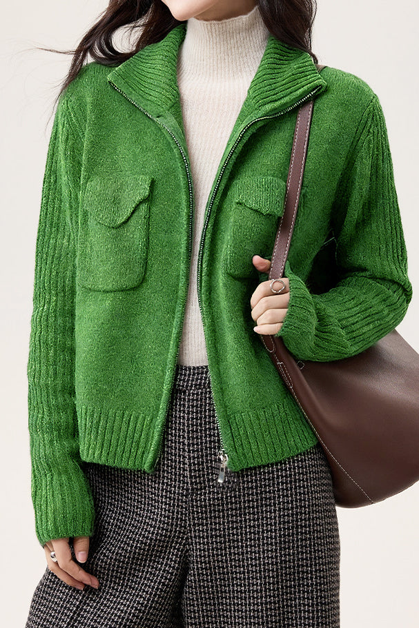 Veste Tricotée à Col Revers en Couleur Unie, Décontractée et Polyvalente