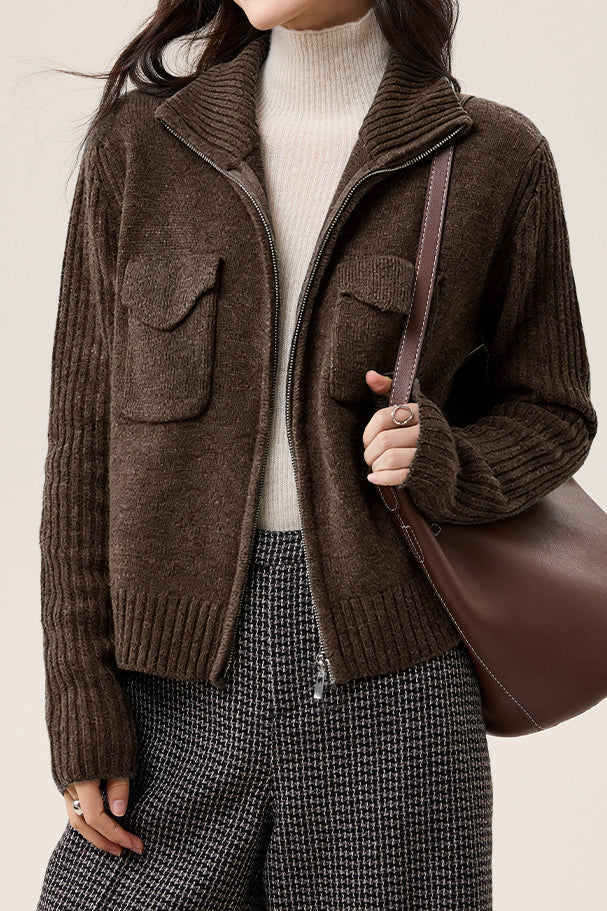 Veste Tricotée à Col Revers en Couleur Unie, Décontractée et Polyvalente