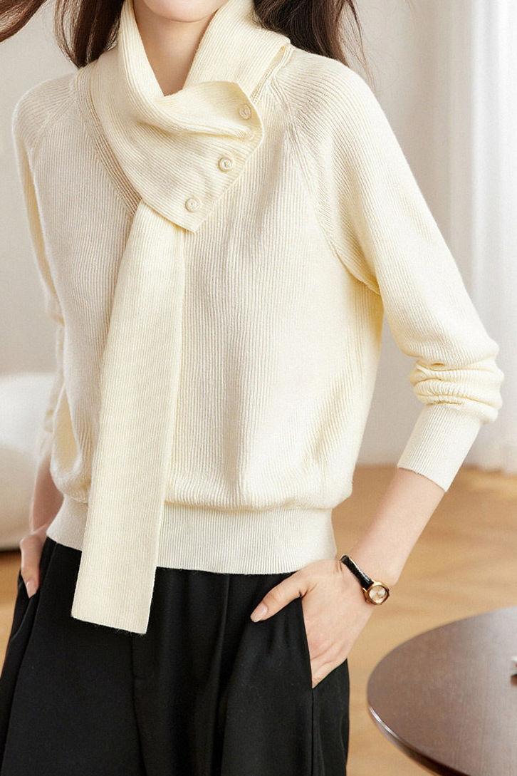 Pull tricoté à col écharpe détachable polyvalent décontracté