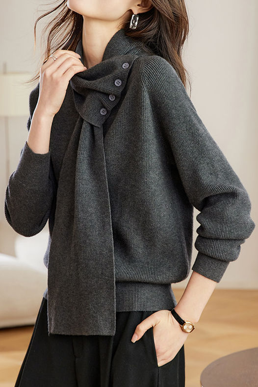 Pull tricoté à col écharpe détachable polyvalent décontracté