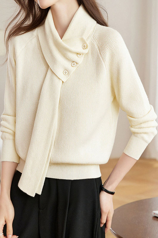 Pull tricoté à col écharpe détachable polyvalent décontracté