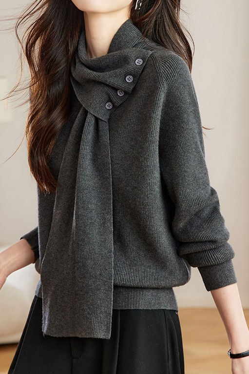 Pull tricoté à col écharpe détachable polyvalent décontracté