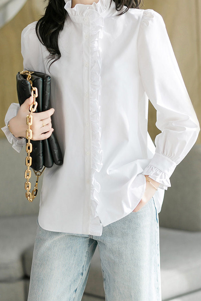 Chemise décontractée à col montant froncé, unie, à manches longues