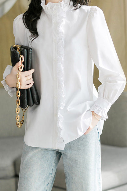 Chemise décontractée à col montant froncé, unie, à manches longues