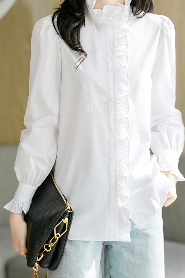 Chemise décontractée à col montant froncé, unie, à manches longues