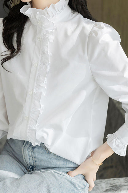 Chemise décontractée à col montant froncé, unie, à manches longues