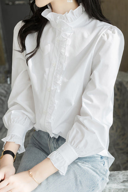 Chemise décontractée à col montant froncé, unie, à manches longues