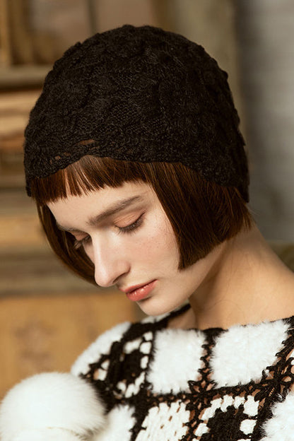Chapeau Tricoté en Dentelle Florale de Couleur Unie et Polyvalent