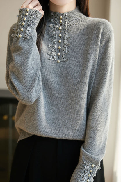 Pull tricoté élégant décontracté à col montant mi-haut, avec perles et dentelle, manches longues