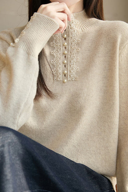 Pull tricoté élégant décontracté à col montant mi-haut, avec perles et dentelle, manches longues