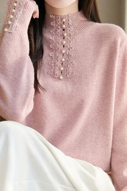 Pull tricoté élégant décontracté à col montant mi-haut, avec perles et dentelle, manches longues