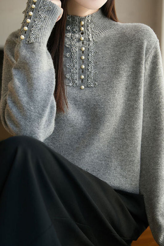 Pull tricoté élégant décontracté à col montant mi-haut, avec perles et dentelle, manches longues