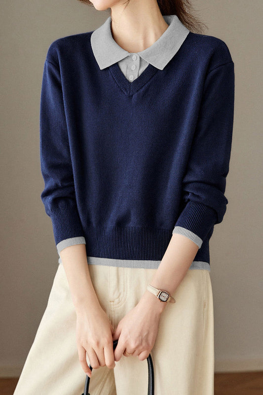 Pull en tricot décontracté minimaliste à col, fausse pièce color-block