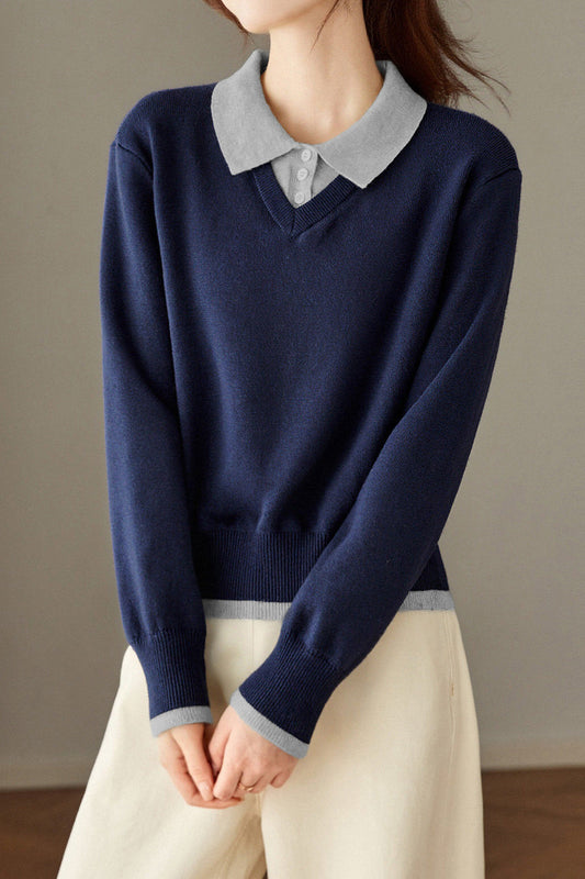 Pull en tricot décontracté minimaliste à col, fausse pièce color-block