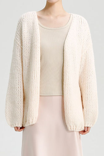 Cardigan Chunky-Knit à Manches Lanternes Polyvalent et Décontracté