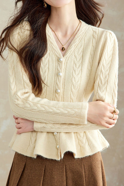 Cardigan à volants en tricot câble avec boutons en perles de couleur unie décontracté