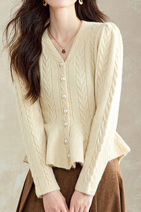 Cardigan à volants en tricot câble avec boutons en perles de couleur unie décontracté