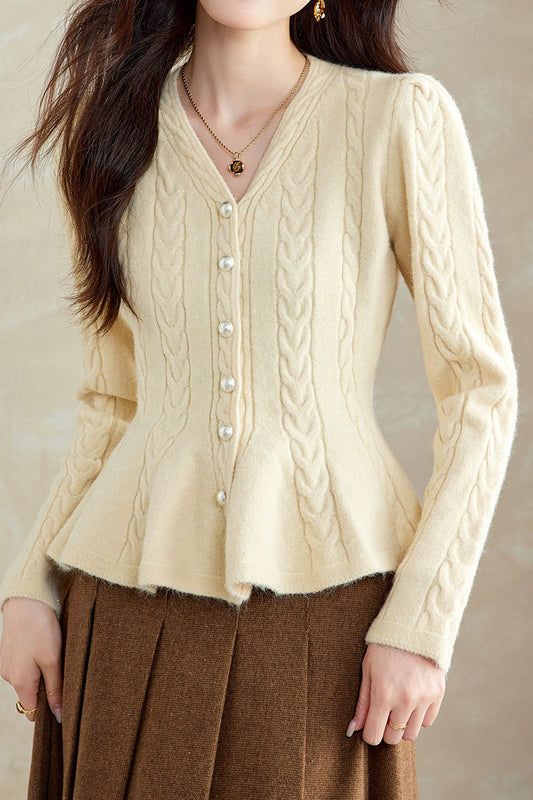 Cardigan à volants en tricot câble avec boutons en perles de couleur unie décontracté