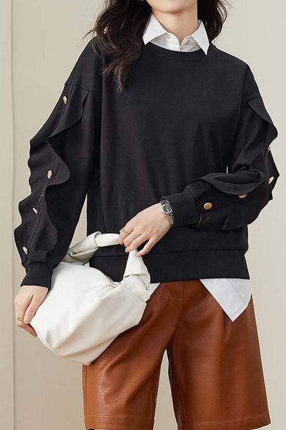 Sweatshirt Décontracté avec Volants et Boutons Décoratifs