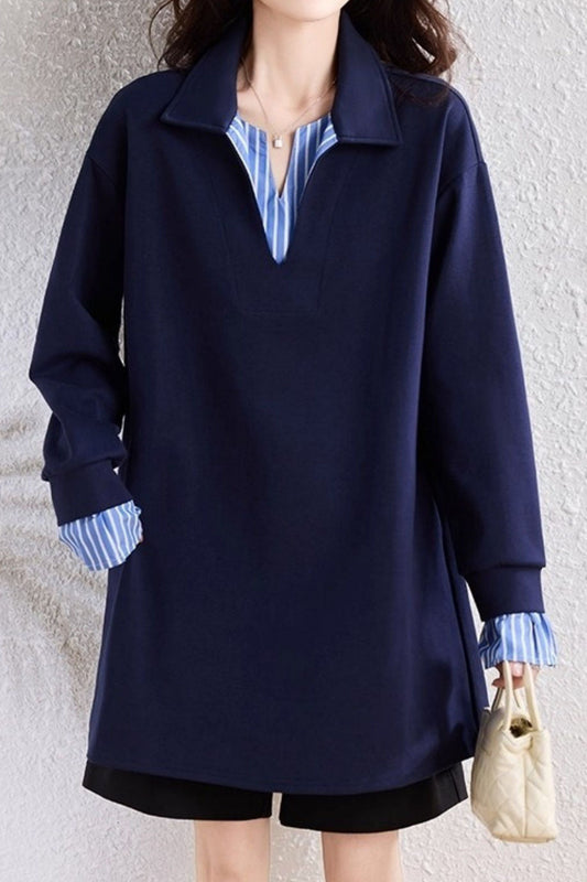 Robe décontractée à rayures, fausse pièce en deux parties, à demi-boutonnage