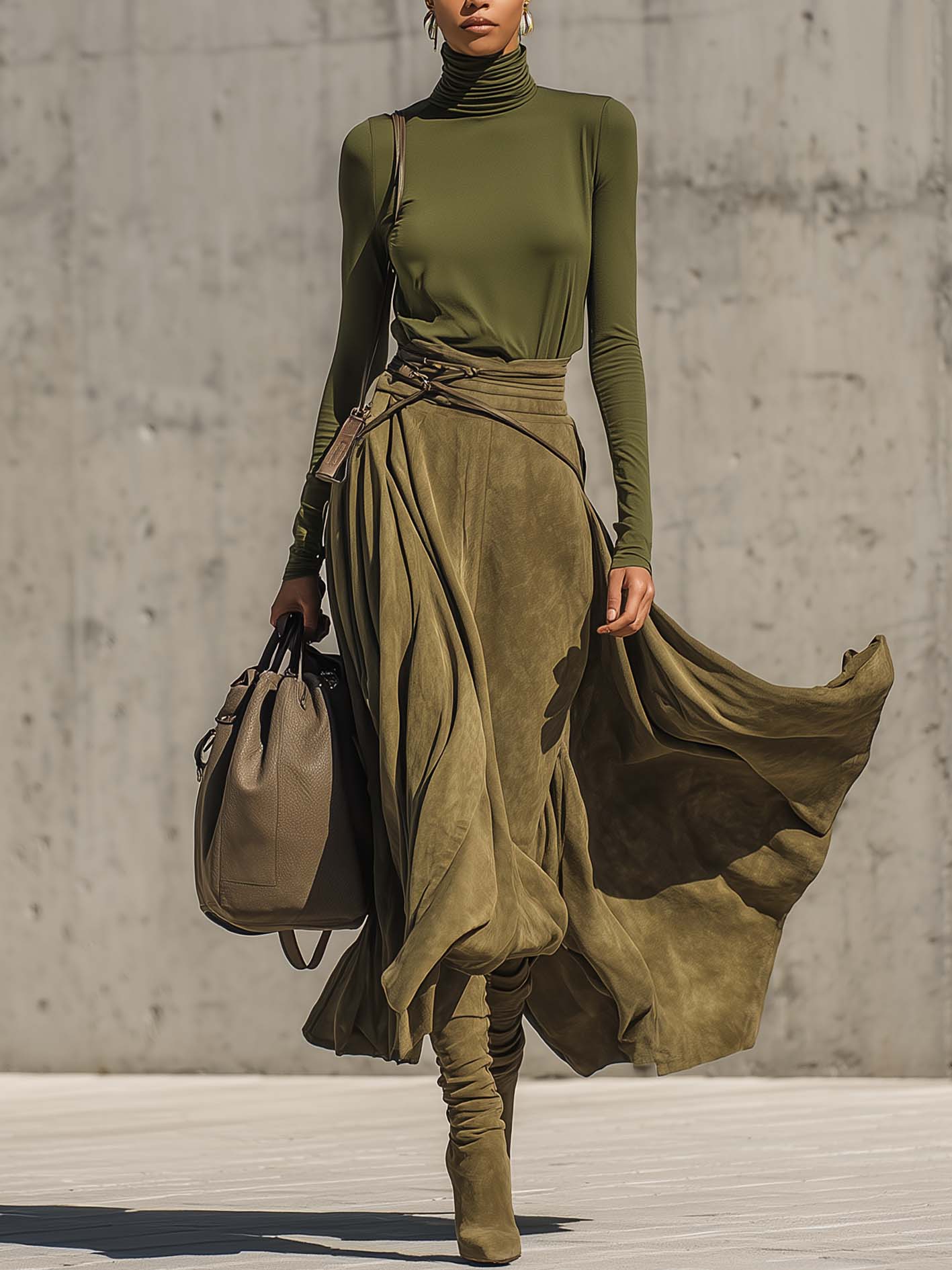 Ensemble Haut Col Roulé Vert Olive Stretch Et Jupe Maxi En Suédine (Inclut une ceinture)