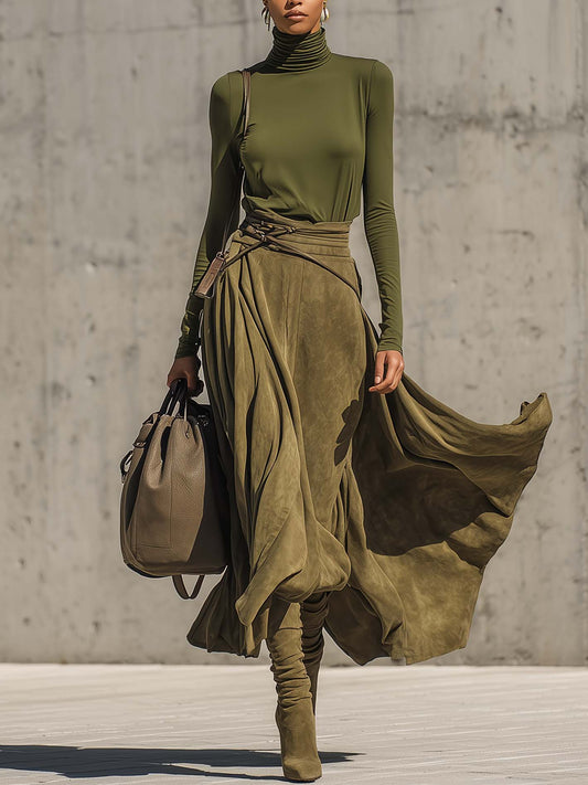 Ensemble Haut Col Roulé Vert Olive Stretch Et Jupe Maxi En Suédine (Inclut une ceinture)