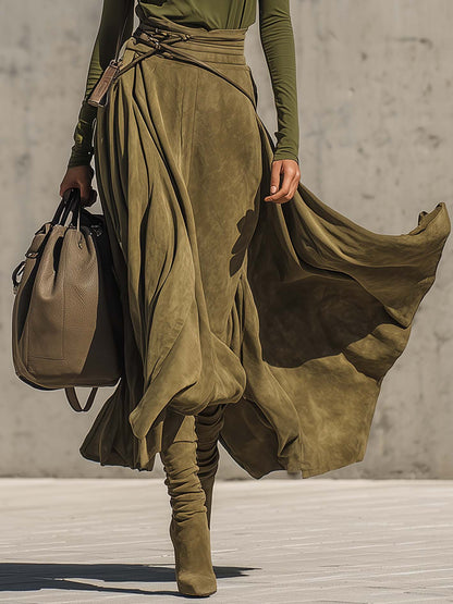 Ensemble Haut Col Roulé Vert Olive Stretch Et Jupe Maxi En Suédine (Inclut une ceinture)