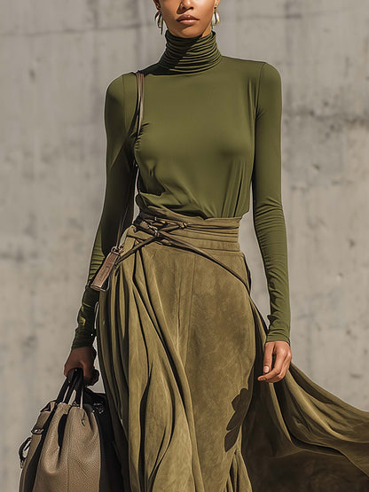 Ensemble Haut Col Roulé Vert Olive Stretch Et Jupe Maxi En Suédine (Inclut une ceinture)