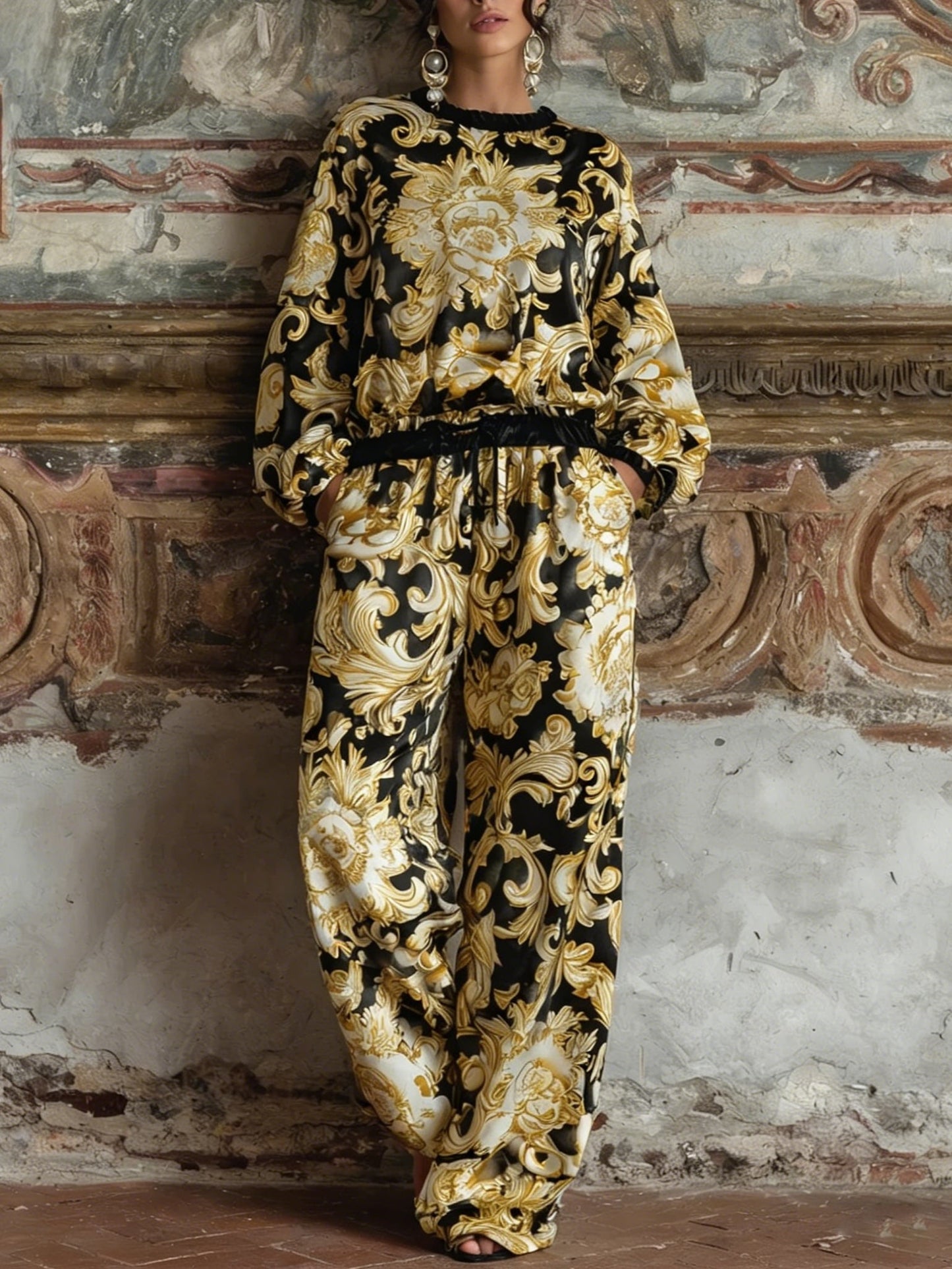 Ensemble de Loungewear en Imprimé Floral Baroque avec Top à Manches Longues et Pantalons Large