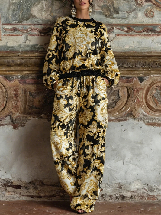 Ensemble de Loungewear en Imprimé Floral Baroque avec Top à Manches Longues et Pantalons Large