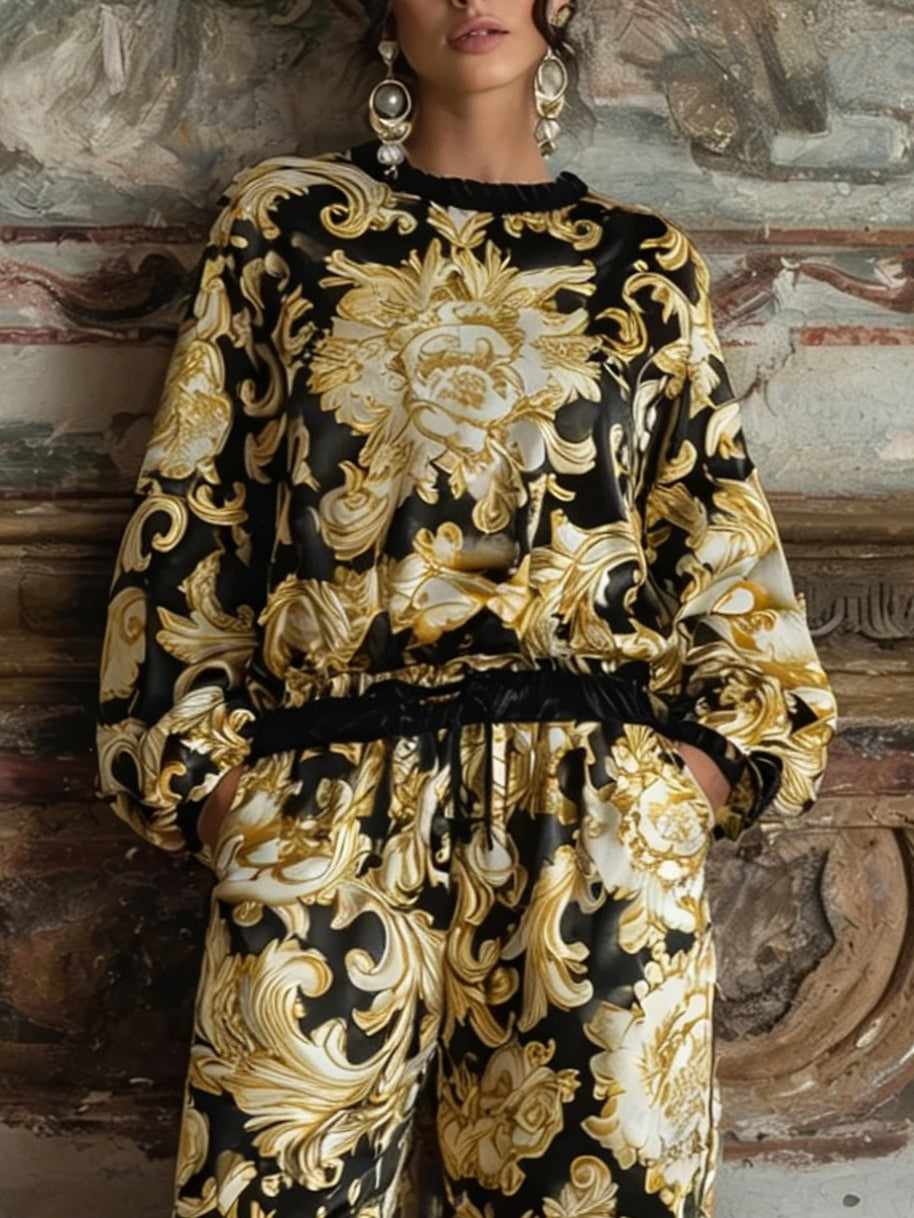 Ensemble de Loungewear en Imprimé Floral Baroque avec Top à Manches Longues et Pantalons Large