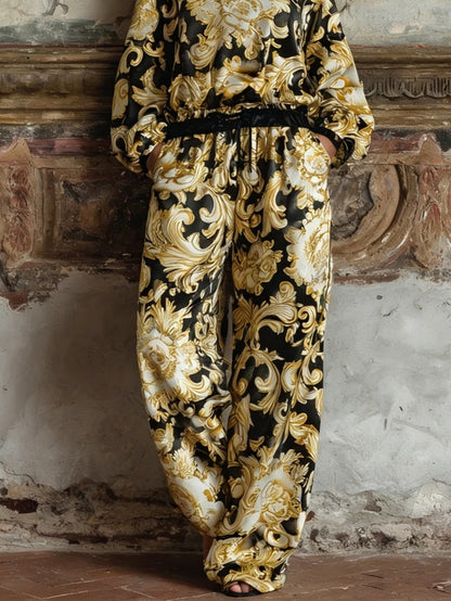 Ensemble de Loungewear en Imprimé Floral Baroque avec Top à Manches Longues et Pantalons Large