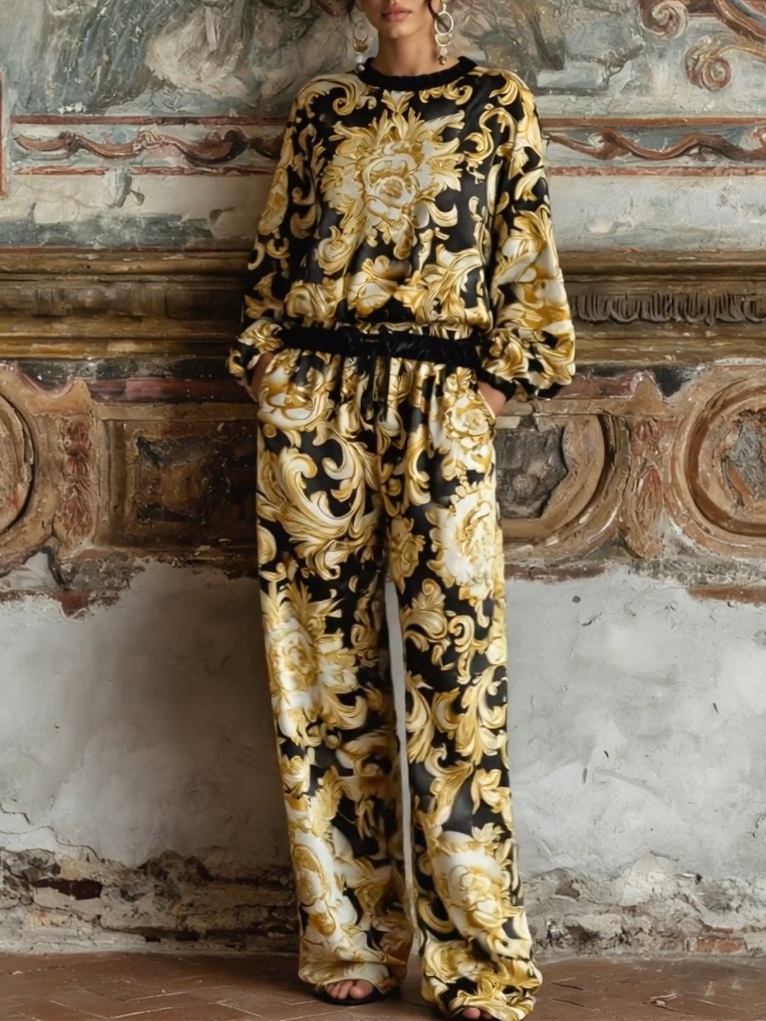 Ensemble de Loungewear en Imprimé Floral Baroque avec Top à Manches Longues et Pantalons Large