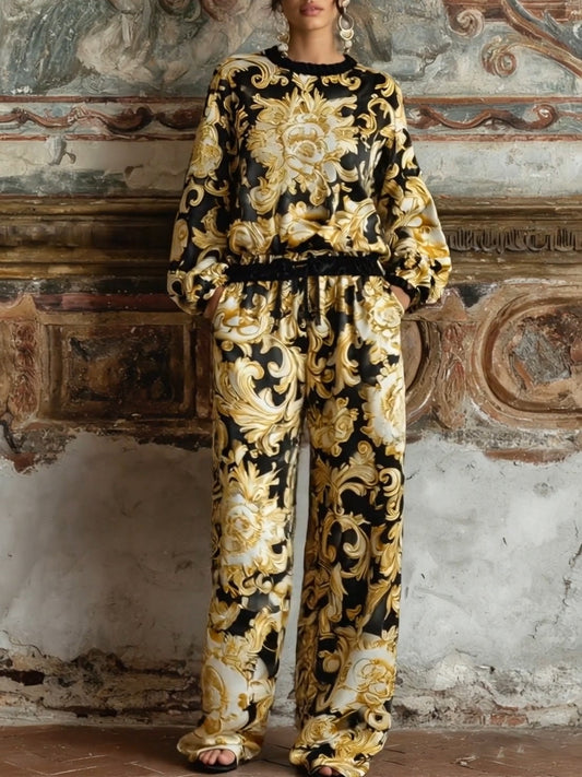 Ensemble de Loungewear en Imprimé Floral Baroque avec Top à Manches Longues et Pantalons Large