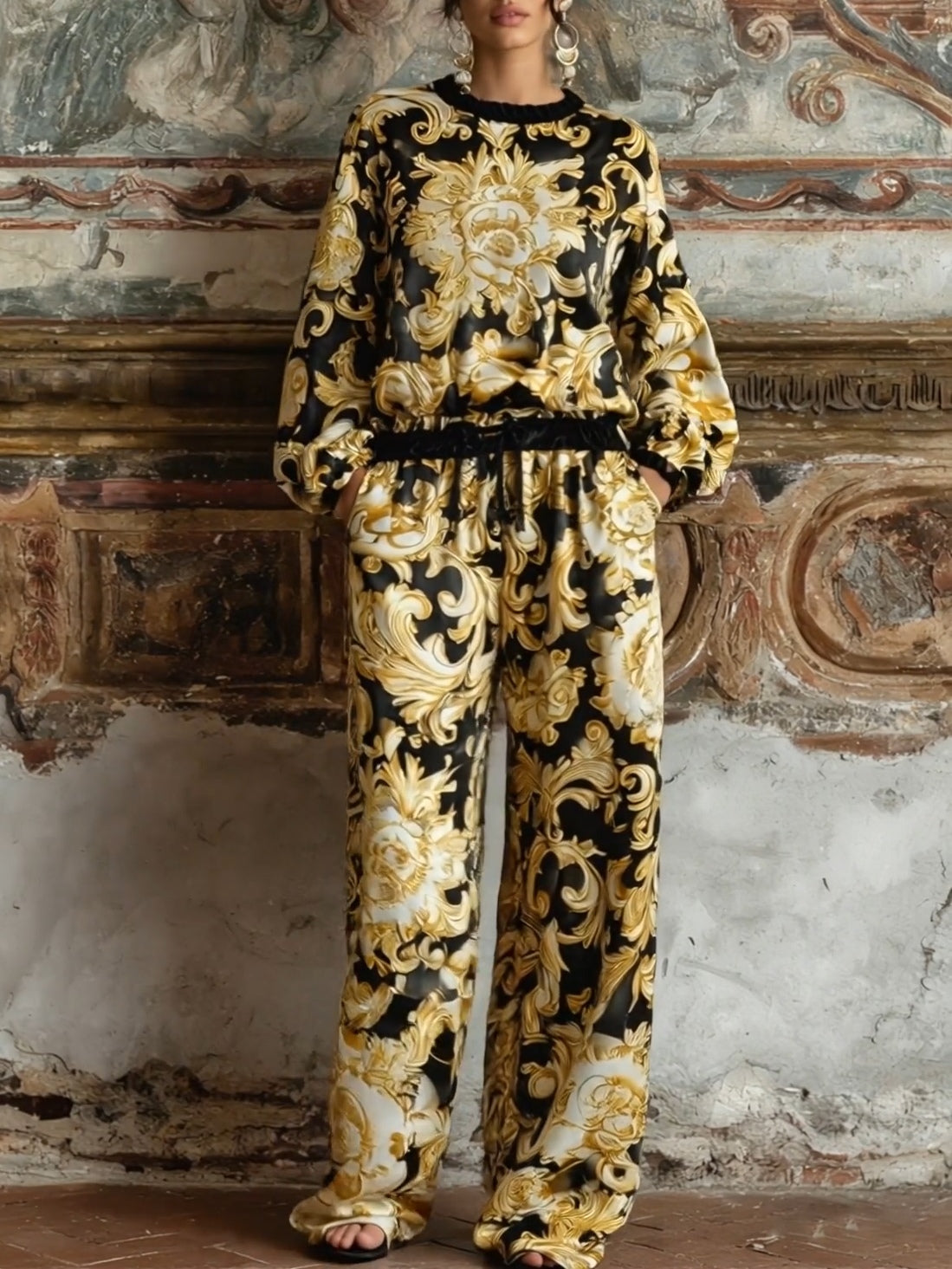 Ensemble de Loungewear en Imprimé Floral Baroque avec Top à Manches Longues et Pantalons Large