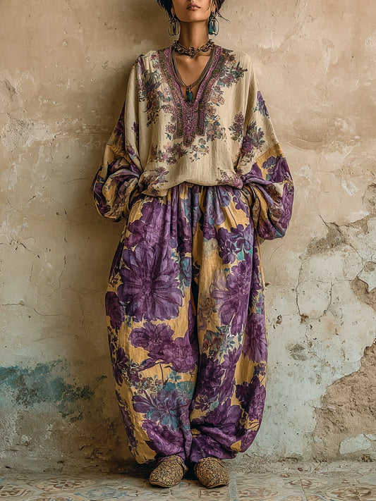Ensemble Top V-cou à Imprimé Floral Bohémien et Pantalons à Jambes Larges