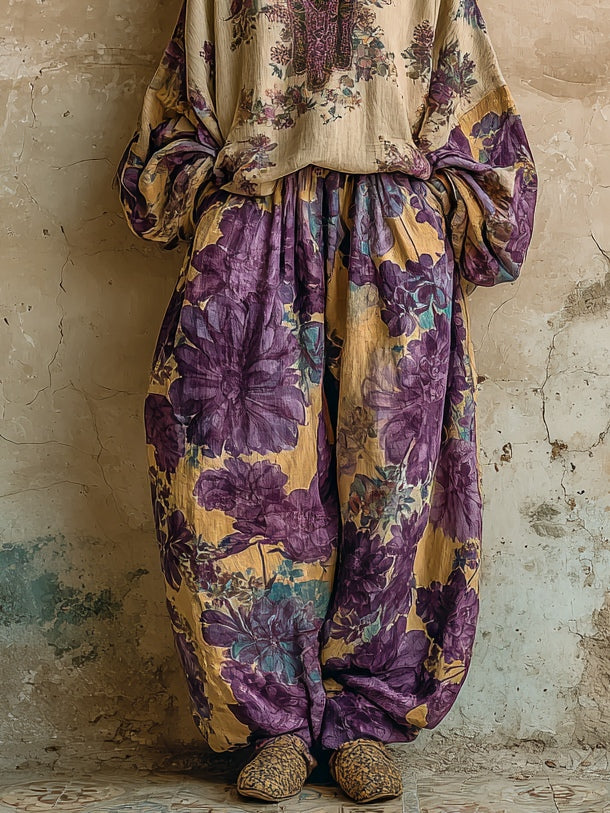 Ensemble Top V-cou à Imprimé Floral Bohémien et Pantalons à Jambes Larges