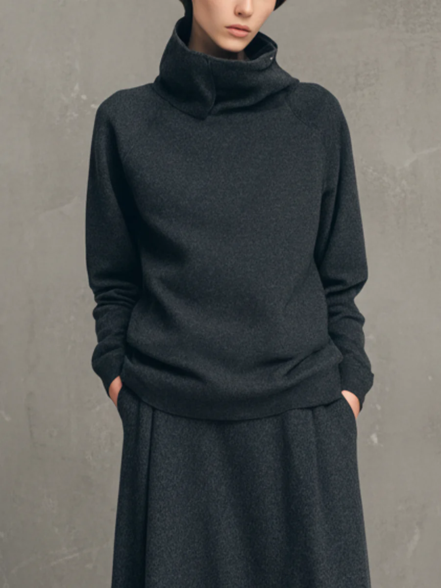 Ensemble Top Col Montant en Air-layer Gris Charbon et Jupe Longue Évasée