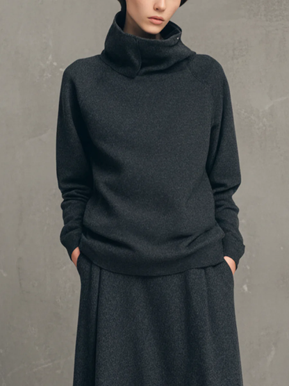 Ensemble Top Col Montant en Air-layer Gris Charbon et Jupe Longue Évasée