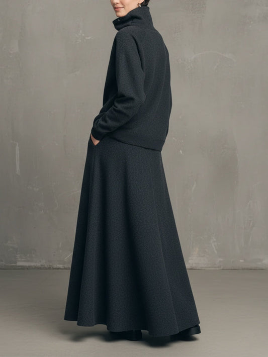 Ensemble Top Col Montant en Air-layer Gris Charbon et Jupe Longue Évasée