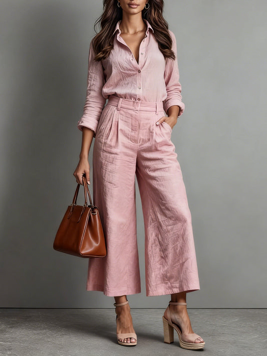 Ensemble en Lin : Pantalons Capri Roses et Chemise Légère