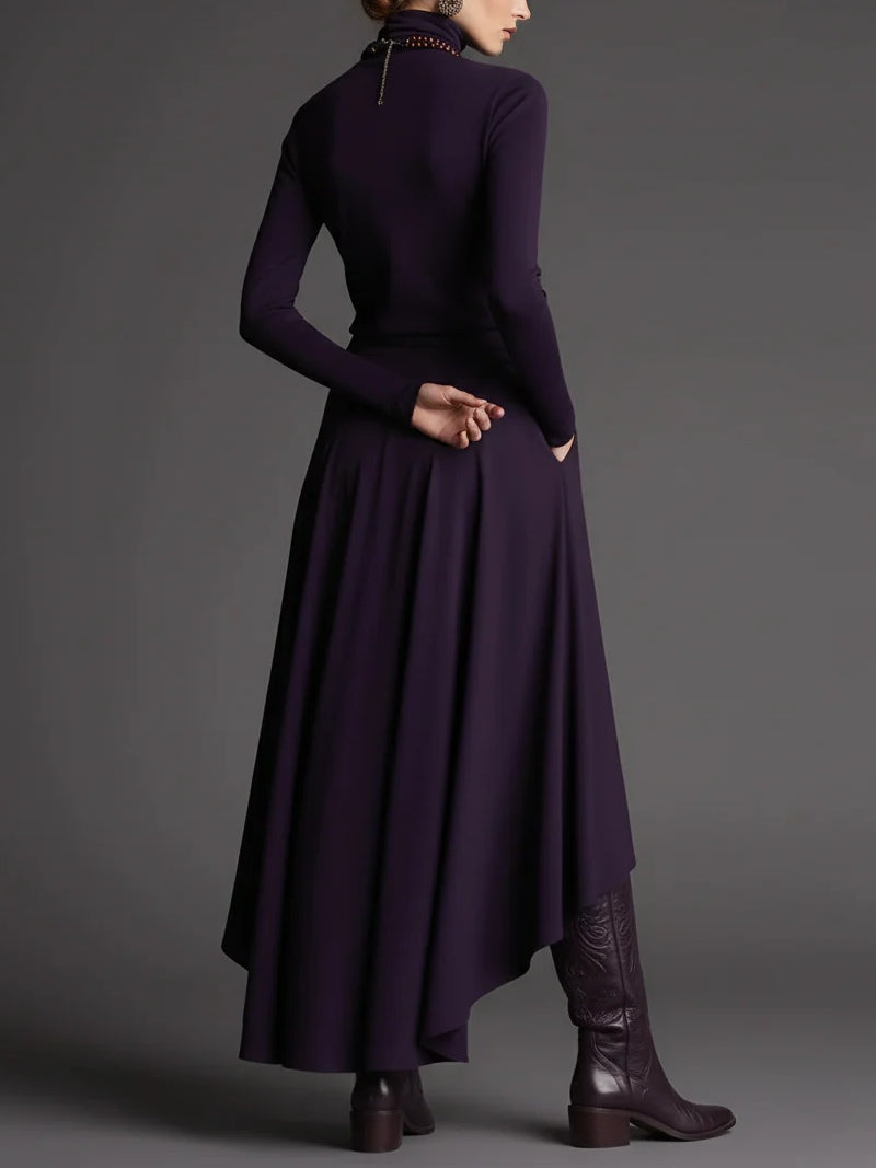 Ensemble Deux Pièces Haut Col Roulé Violet et Jupe Asymétrique