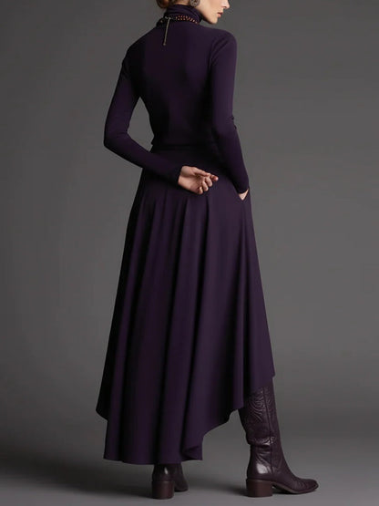 Ensemble Deux Pièces Haut Col Roulé Violet et Jupe Asymétrique