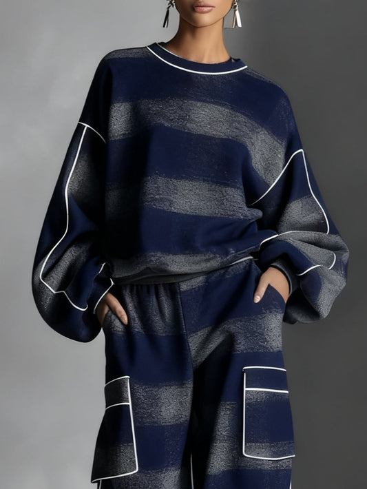 Sweat-shirt color-block bleu et gris à carreaux et pantalon décontracté en deux pièces