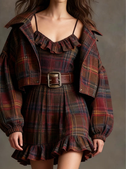Robe Mini à Volants à Carreaux Vintage et Ensemble Veste Ample (Comprend une ceinture)